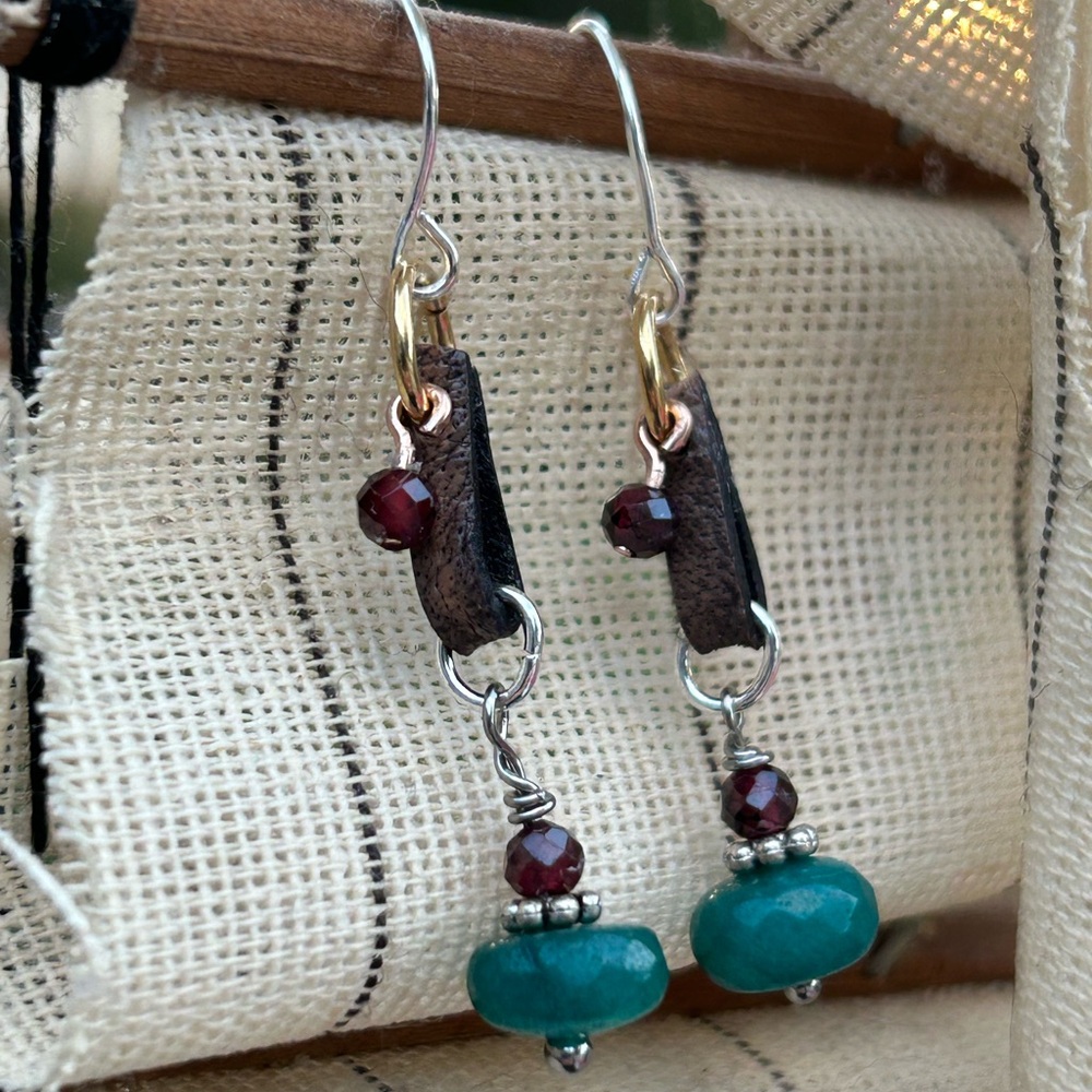 Bohemian faceted stone bead and leather Dangle Earrings